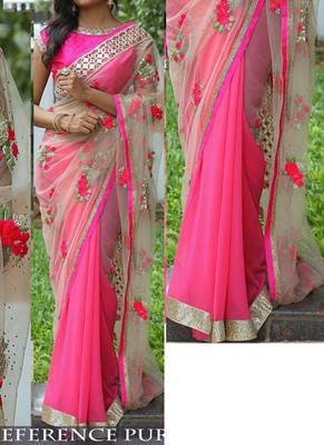 Pink And Off White Embroidered Georgette Saree With Blouse 1
