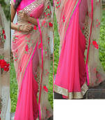 Pink And Off White Embroidered Georgette Saree With Blouse