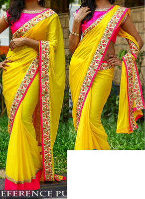 Yellow Embroidered Georgette Saree With Blouse 1