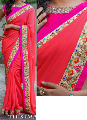 Tomato Embroidered Georgette Saree With Blouse 1