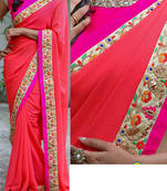 Tomato Embroidered Georgette Saree With Blouse