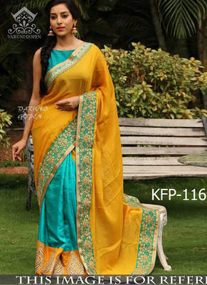 Yellow And Sky Embroidered Paper Silk Saree With Blouse 1