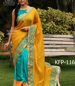 Yellow And Sky Embroidered Paper Silk Saree With Blouse