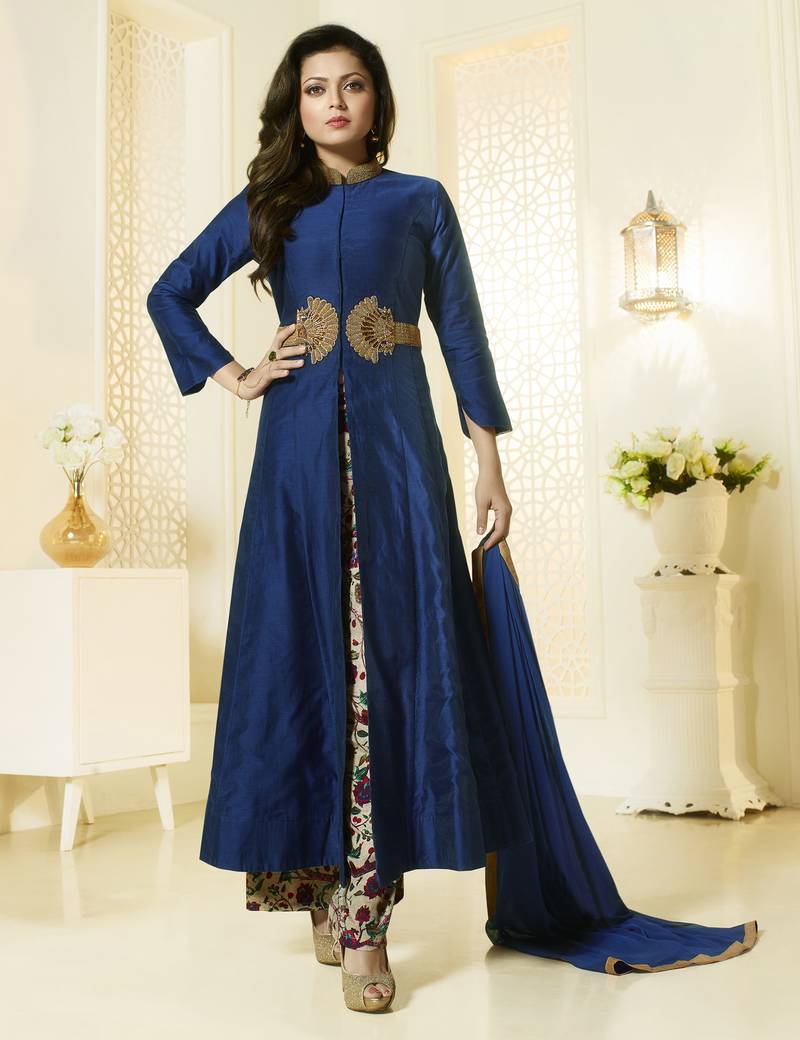 Navy blue silk embroidered semi stitched salwar with dupatta