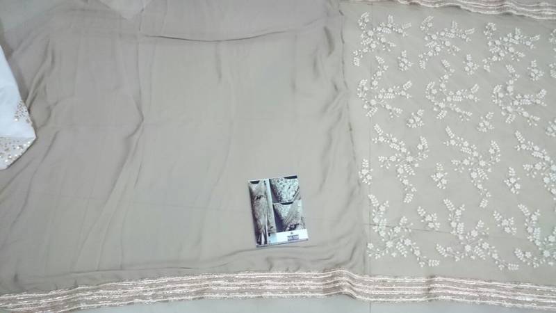 Beige Embroidered Nylon Mono Net Saree With Blouse