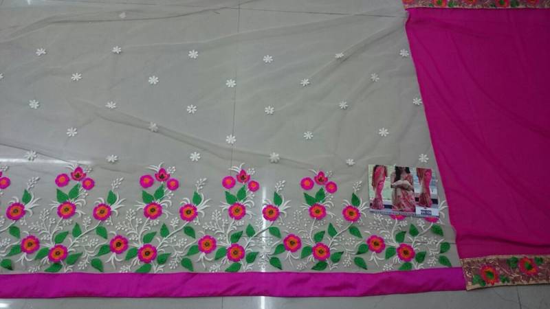 Pink And Cream Embroidered Nylon Mono Net Saree With Blouse