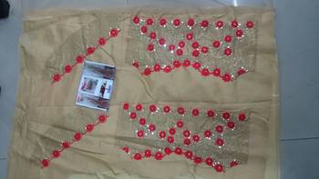 Cream And Red Embroidered Nylon Mono Net Saree With Blouse 3