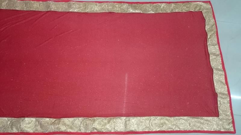 Cream And Red Embroidered Nylon Mono Net Saree With Blouse