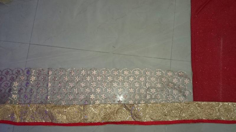 Cream And Red Embroidered Nylon Mono Net Saree With Blouse