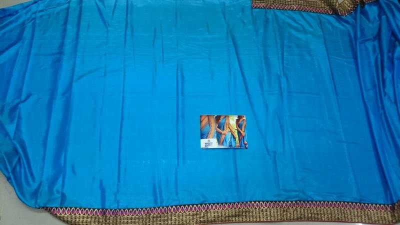 Blue Embroidered Paper Silk Saree With Blouse