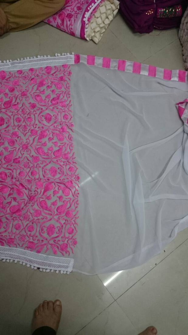 White And Pink Embroidered Georgette Saree With Blouse