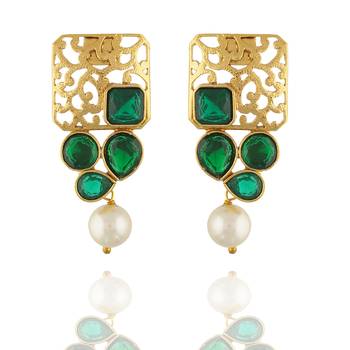 Awesome Designer Gold Pated With Green Stones Square Shape Earrings for Girls and Women 1