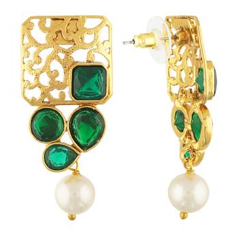 Awesome Designer Gold Pated With Green Stones Square Shape Earrings for Girls and Women 2
