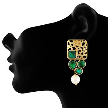 Awesome Designer Gold Pated With Green Stones Square Shape Earrings for Girls and Women 3