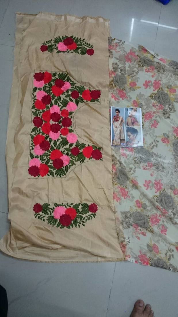 Cream And Red Embroidered Georgette Saree With Blouse