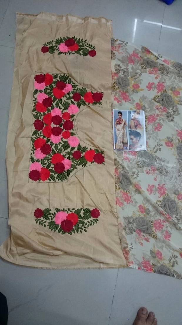 Cream And Red Embroidered Georgette Saree With Blouse