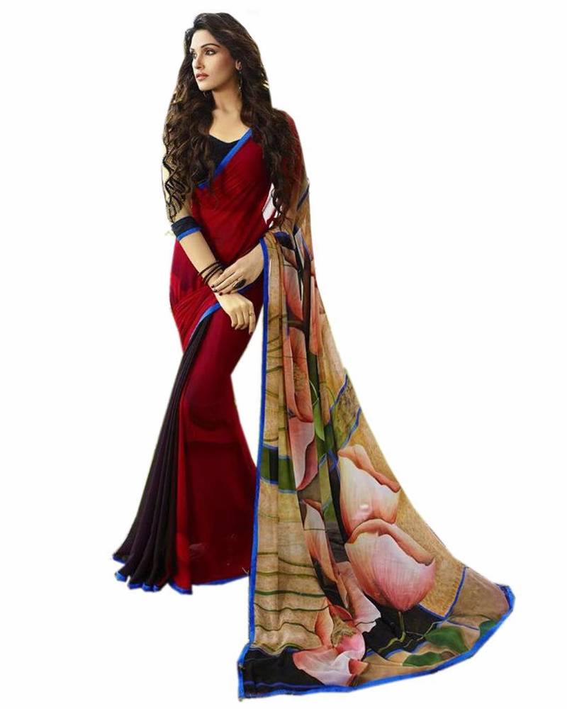 red printed georgette saree With Blouse