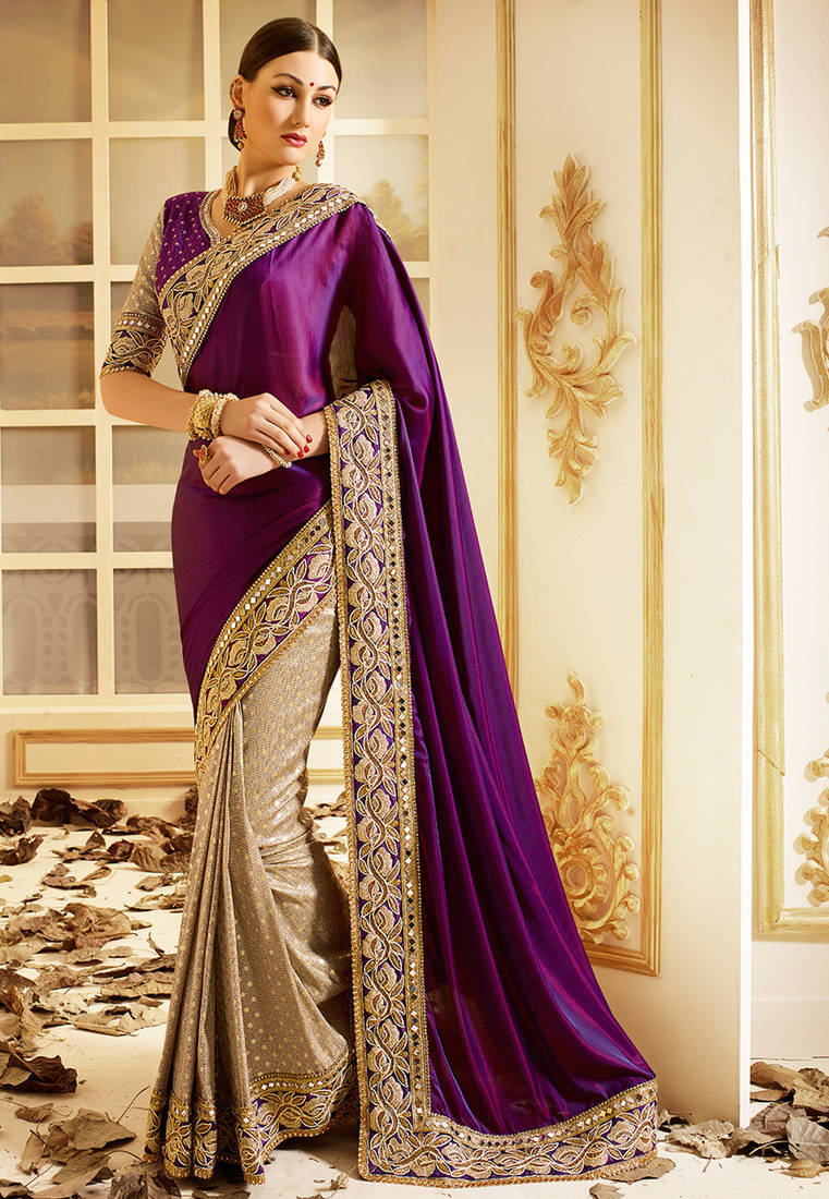 purple embroidered jacquard saree With Blouse omkar club 1440150