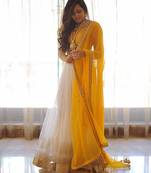 yellow white net benglori bridal lahenga
