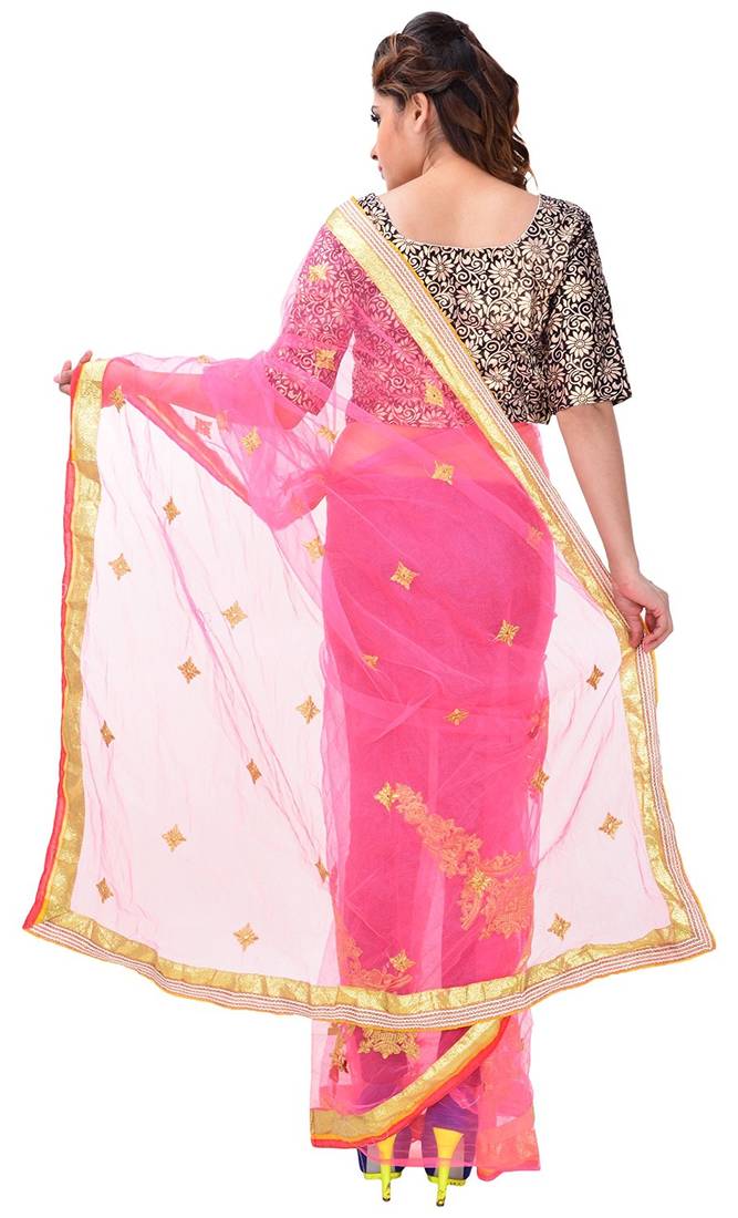 Pink embroidered Net saree With Blouse Piece 