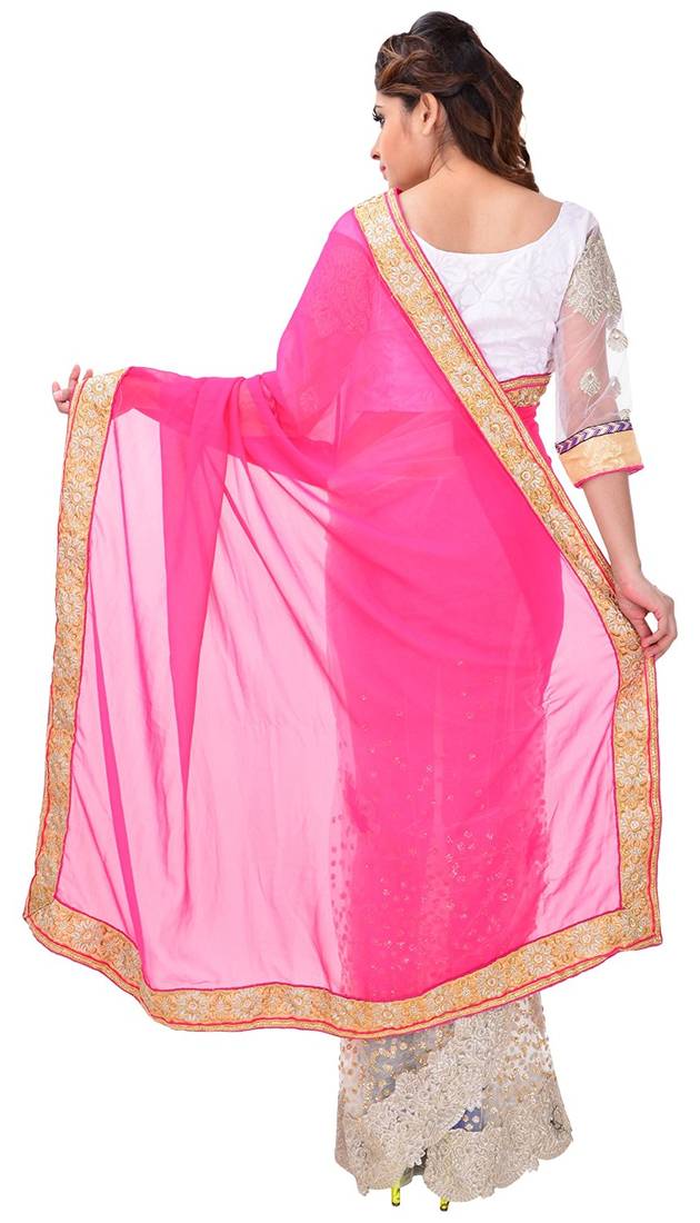 Pink embroidered georgette saree With Blouse Piece