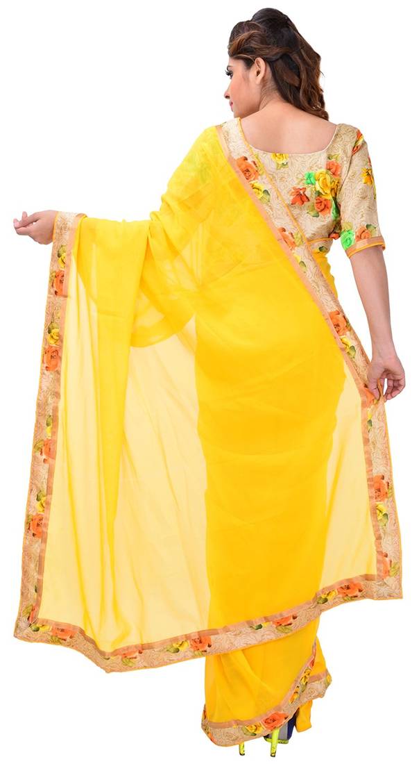 yellow printed georgette saree With Blouse Piece