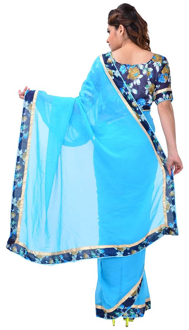sky blue printed georgette saree With Blouse Piece