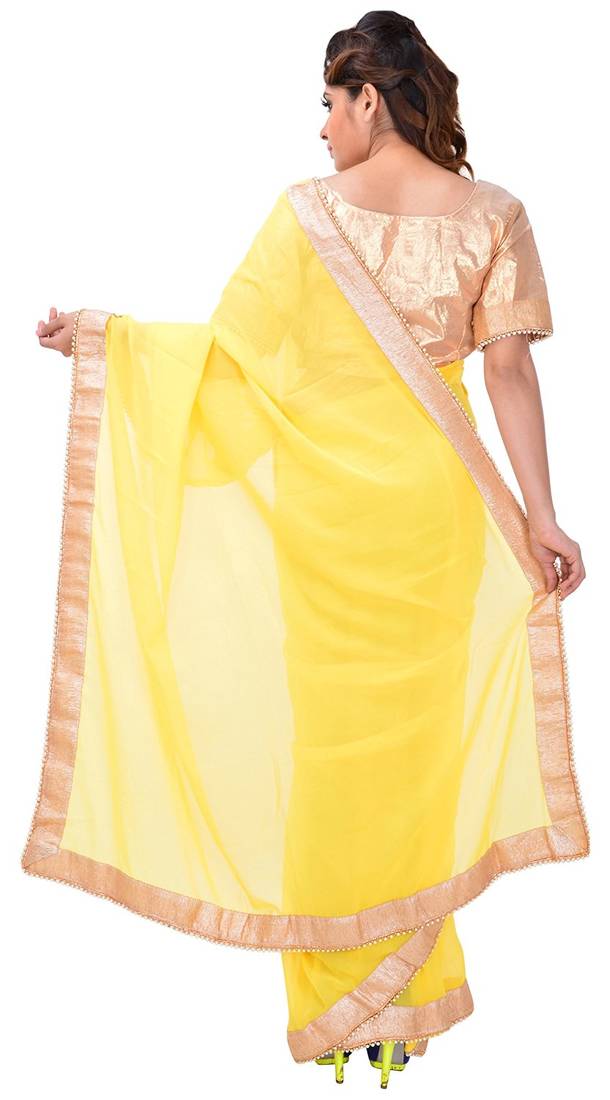 yellow printed georgette saree With Blouse Piece