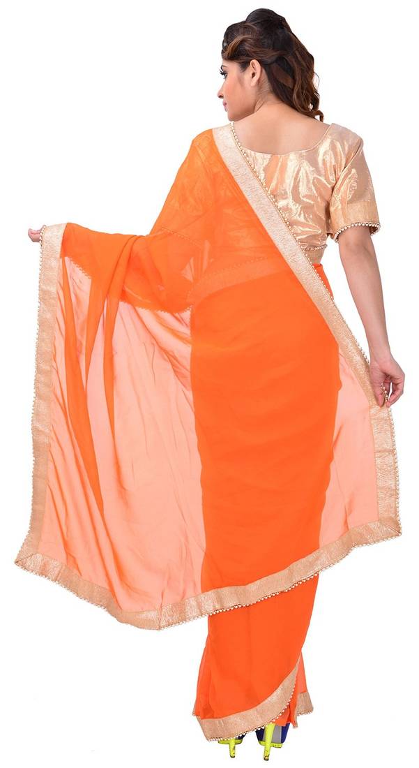 orange printed georgette saree With Blouse Piece