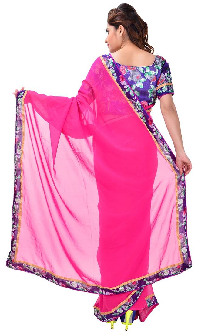 pink printed georgette saree With Blouse Piece