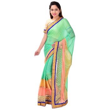 light green embroidered lycra saree With Blouse Piece 1
