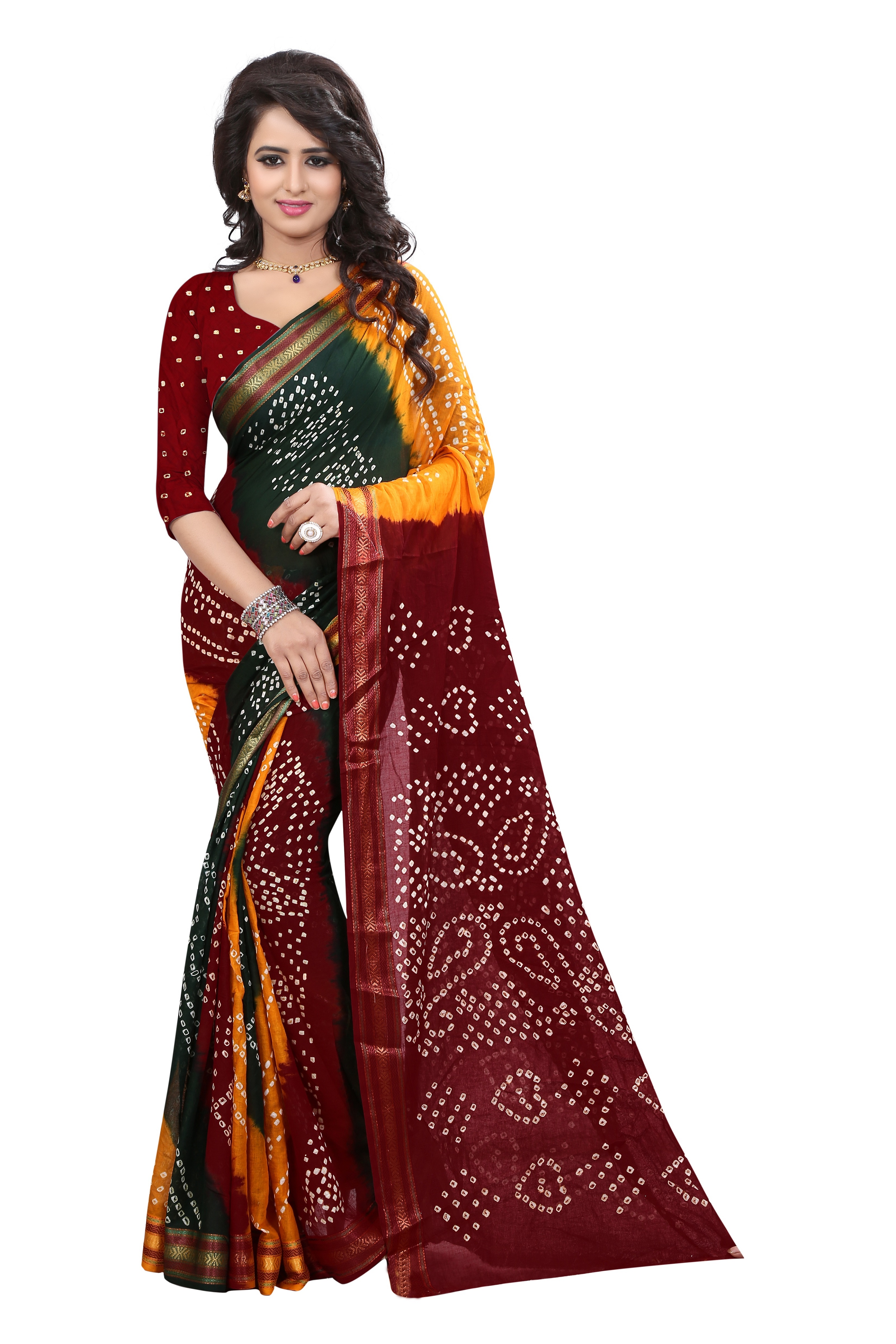 Buy red printed Bandhani saree With Blouse line RAJ RED MULTY original