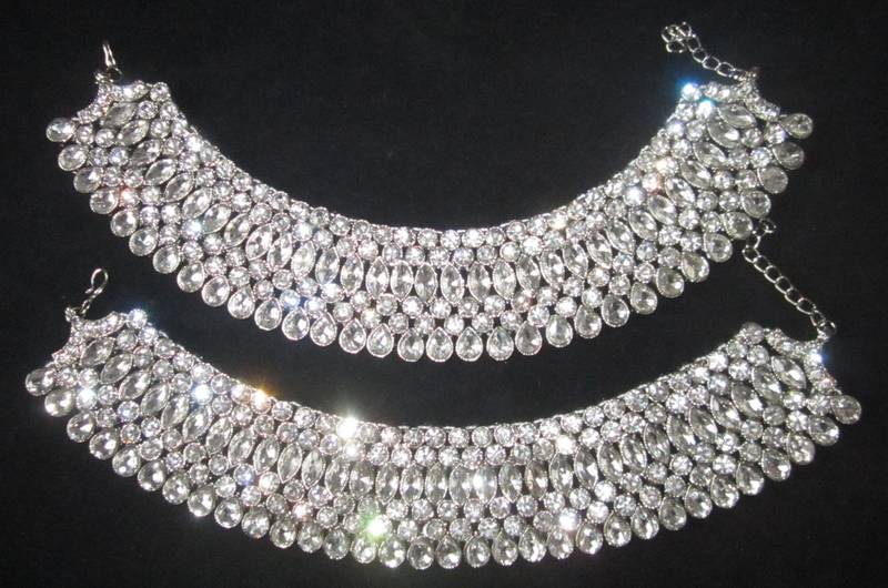 Silver Tone Crystal Broad Anklets Payal Pair