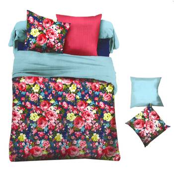 Blue  And  Pink Polyester Bed-Sheets With Deep Floral Print 1