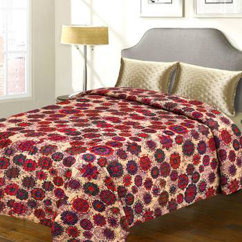 Multicolored Floral Print Katha Work Cotton Double Bed Cover 1