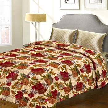 Pure Cotton Double Bed Cover With Floral Print  And  Katha Work 1