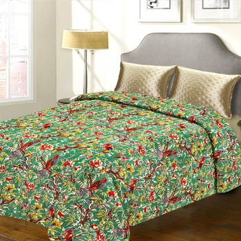 Pure Cotton Floral  And  Bird Print Green Double Bed Cover With Katha Work 1