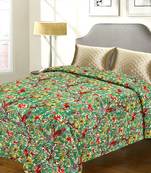 Pure Cotton Floral  And  Bird Print Green Double Bed Cover With Katha Work