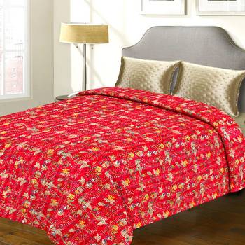 Pure Cotton Tradional Fuschia Floral Print Katha Work Double Bed Cover 1