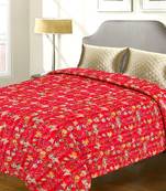 Pure Cotton Tradional Fuschia Floral Print Katha Work Double Bed Cover