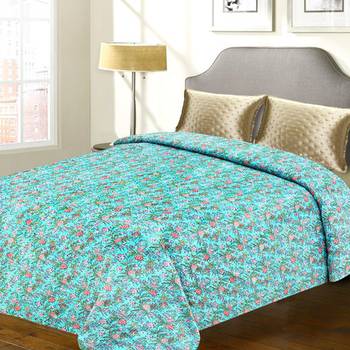 Blue Floral Print Cotton Double Bed Cover With Katha Work 1
