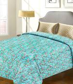 Blue Floral Print Cotton Double Bed Cover With Katha Work