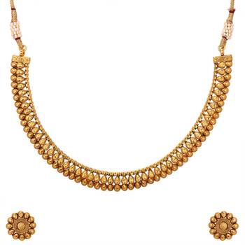 Gold Plated Royal Golden Beads Studded Beautiful Ethnic Necklace Set For Womens 1