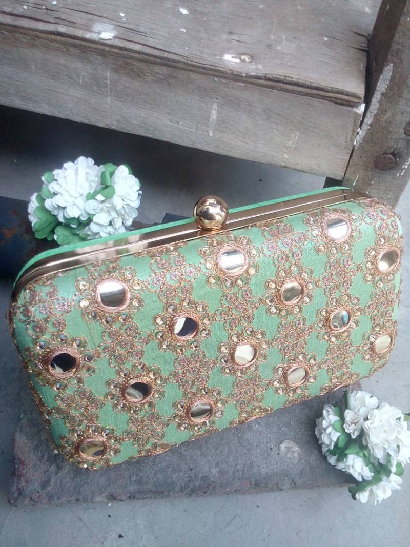 Mint Green Embroidered Statement Clutch
