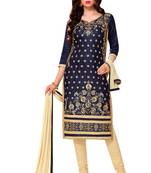 Blue Cotton Embroidered Semi Stitched Salwar With Dupatta