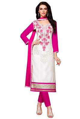 White Cotton Embroidered Semi Stitched Salwar With Dupatta 1