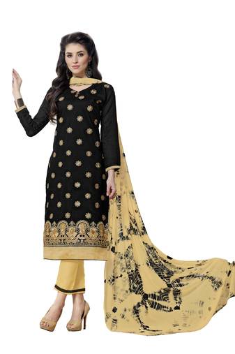 Black Cotton Embroidered Semi Stitched Salwar With Dupatta