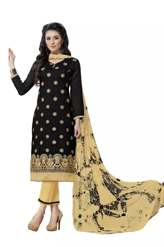 Black Cotton Embroidered Semi Stitched Salwar With Dupatta