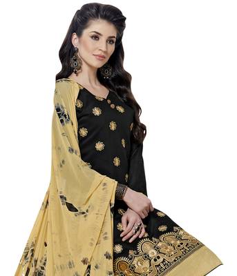 Black Cotton Embroidered Semi Stitched Salwar With Dupatta 2