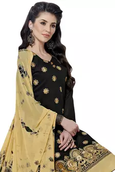 Black Cotton Embroidered Semi Stitched Salwar With Dupatta
